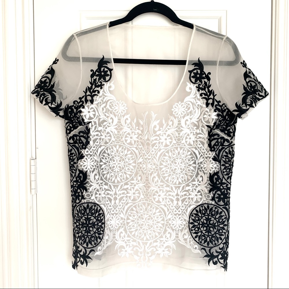 dennis basso Black and White Embroidered Sheer Top